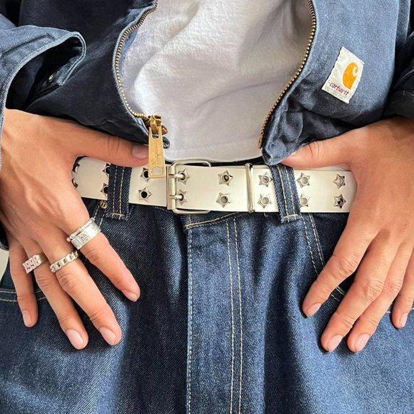 Y2K 2000s vintage white silver star studded goth emo grunge skater belt - Picture 2 of 6